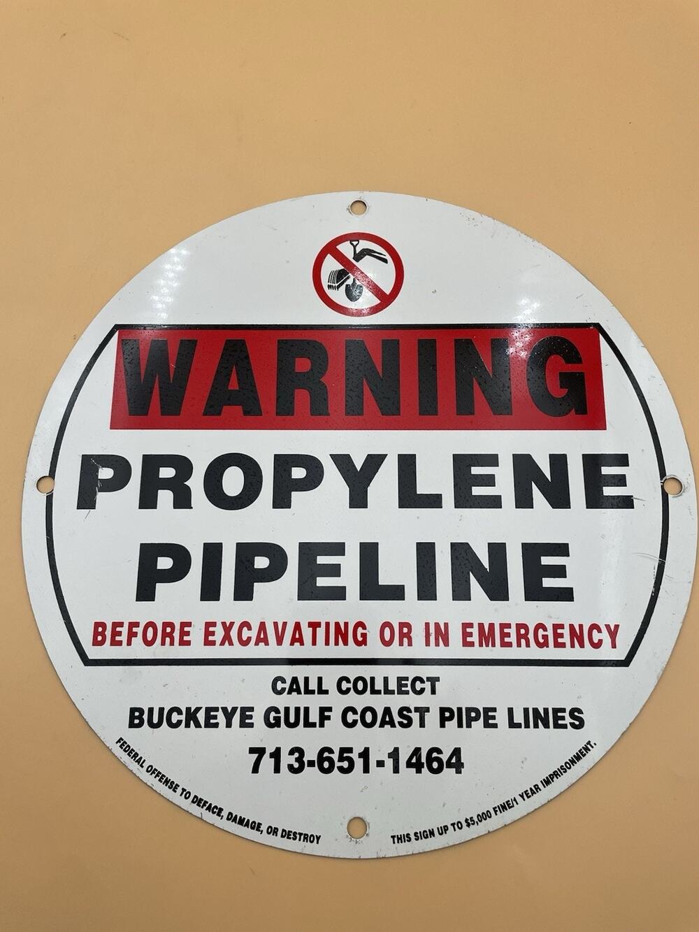 PROPYLENE BUCKEYE GULF PIPELINE WARNING METAL SIGN 12"